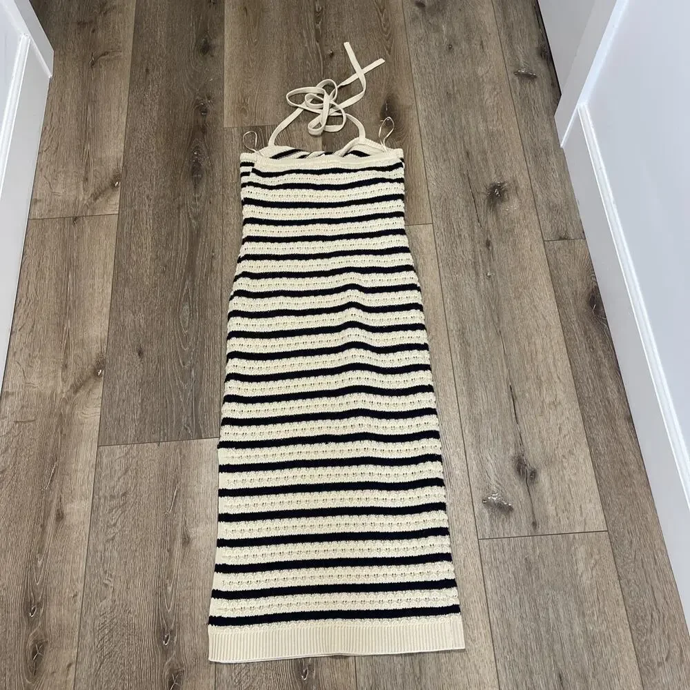 House of Harlow 1960 Tan Black Stripe Crochet Halter Midi Dress Size Small Boho - Picture 4 of 13